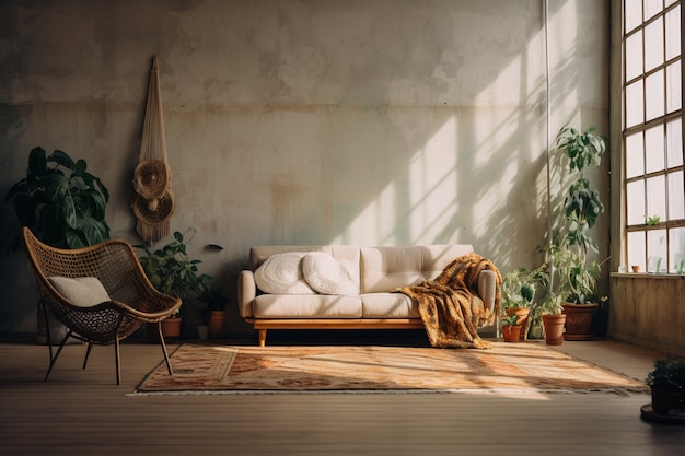 Foto gratuita spazio interno decorato in stile boho