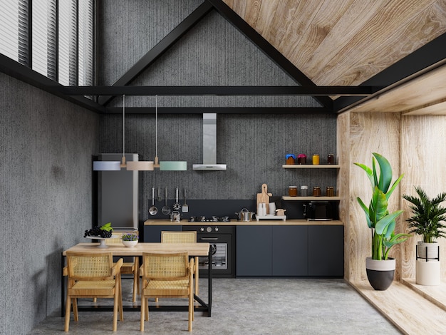 Interior of spacious kitchen with concrete wall Free Photo