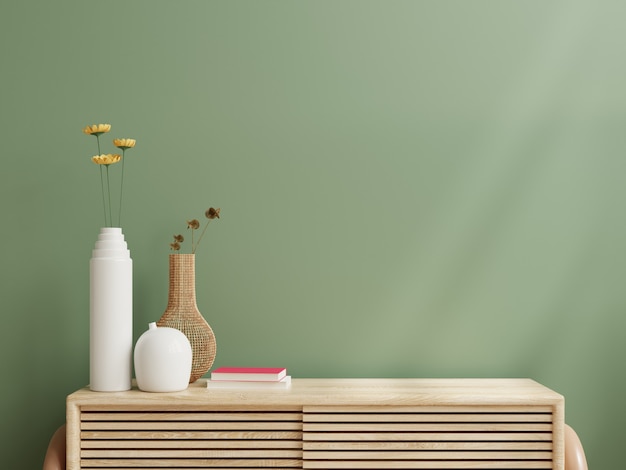 Interior wall mockup,green wall and wooden cabinet.3d rendering