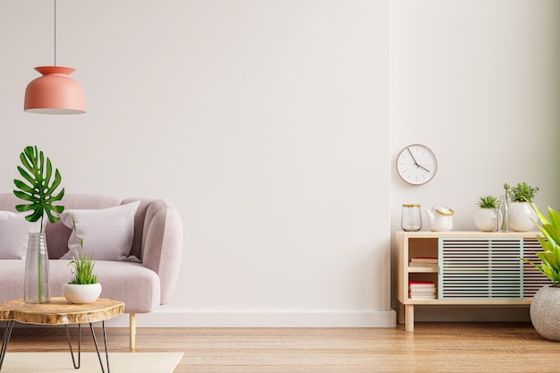 Modello di parete interna con divano e armadio in soggiorno con sfondo bianco vuoto della parete. rendering 3d