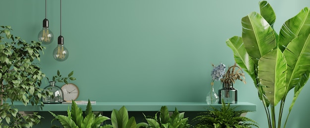 Interior wall with green plant and shelf. 3d rendering