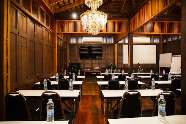 Interior of a wooden meeting room with full function of equipment