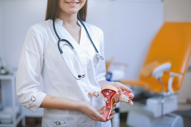 Intern doctor young pretty woman in white clothes showing the layout of the uterus