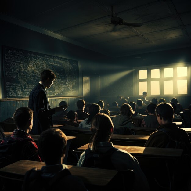 国際教育の日 - 暗いスタイルで生徒と教室で