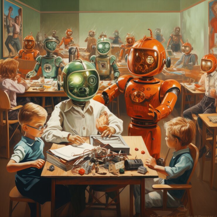 Free Photo international day of education in futuristic style with students and headgear