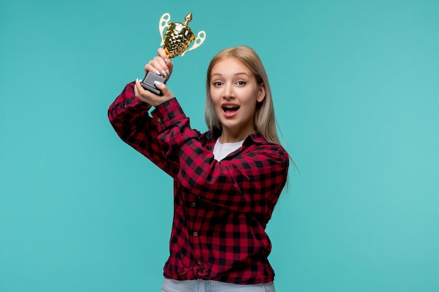 International students day cute young girl in red checked shirt happy for winning a prize