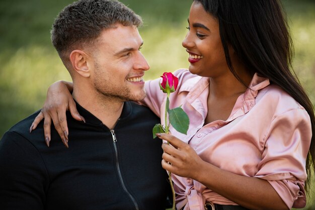 Interracial couple celebrating valentine's day
