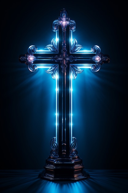 Free photo intricate 3d cross with bright lights