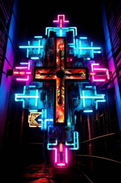 Free photo intricate 3d cross with bright lights