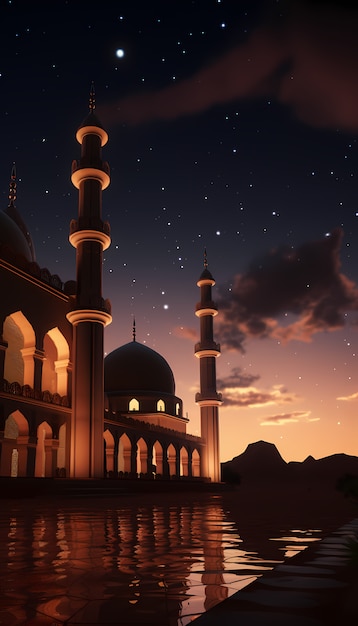 複雑なモスクの建物と夜の建築