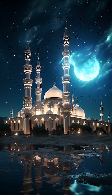 Сложное строительство и архитектура мечети ночью