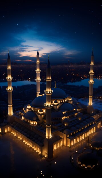 Intricate mosque building and architecture at night