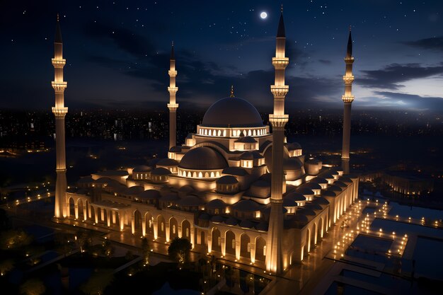 Intricate mosque building and architecture at night