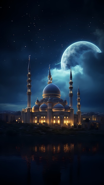 Intricate mosque building and architecture at night