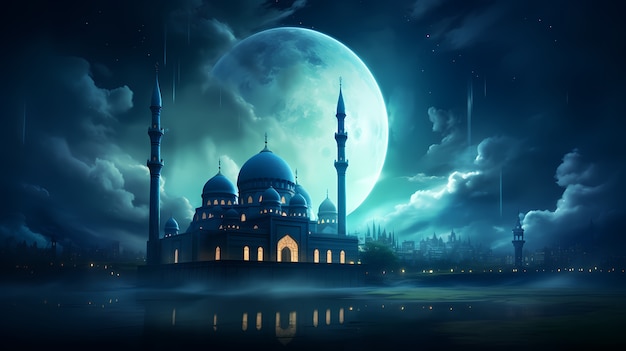 複雑なモスクの建物と夜の建築