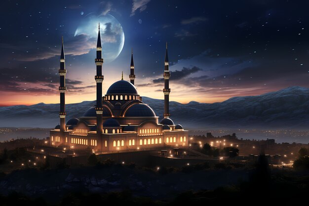 Intricate mosque building and architecture at night