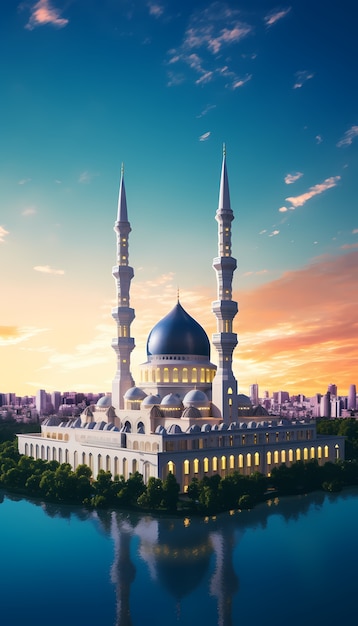 Сложное строительство мечети и архитектура с пейзажем неба и облаков