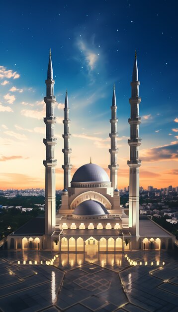 Intricate mosque building and architecture with sky landscape and clouds