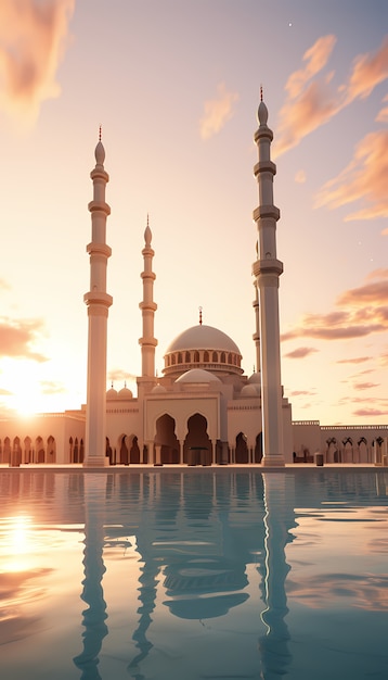 Edificio e architettura complessa della moschea con paesaggio celeste e nuvole