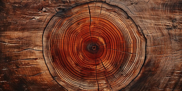 Сложные кольца ствола дерева рассказывают историю возраста с теплым красным центром