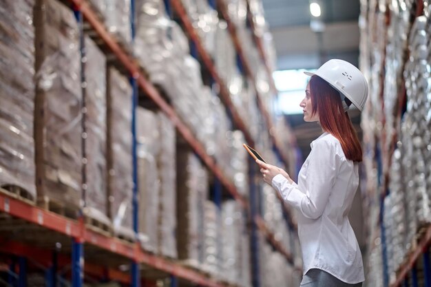 Inventory, warehouse. Serious young woman in white blouse and protective helmet sideways to camera holding tablet looking attentively at warehouse shelves with goods