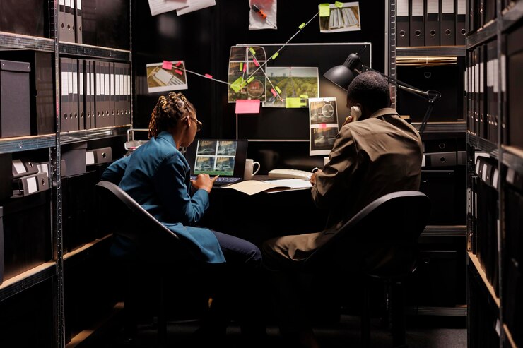 Free Photo investigators checking photos and talking with client on phone