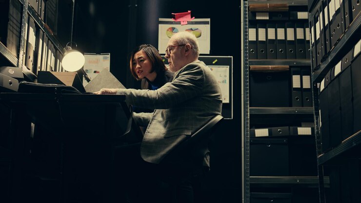 Free Photo investigators studying historical maps of crime scenes using classified records