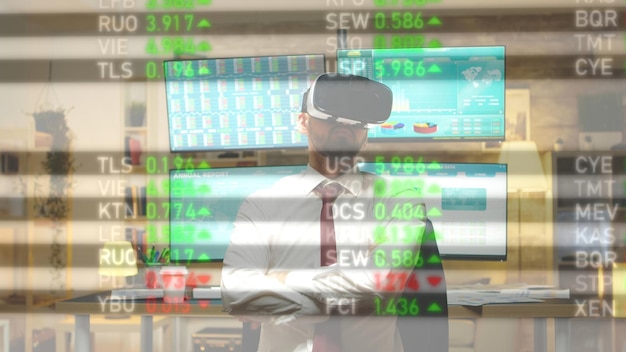 Free photo investor using virtual reality goggles to analyze financial charts, data, and trading statistics. businessman examining sales and stock market trends to come up with investment insights