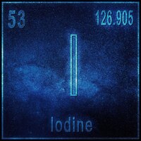 Iodine chemical element, sign with atomic number and atomic weight, periodic table element