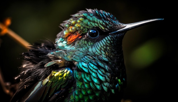 Iridescent hummingbird perching on green branch outdoors generated by AI