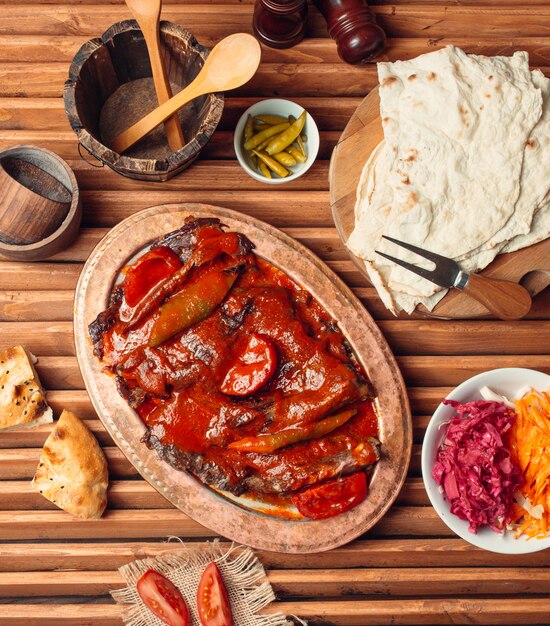 iskender meat doner on the table top view