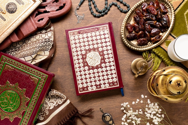 Islamic elements with quran top view