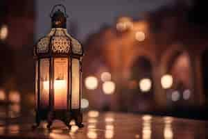 Free photo an islamic lantern with a blurred mosque with bokeh in the background for eid al fitr and adha