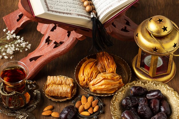 Islamic new year decoration with praying beads and arabic lamp