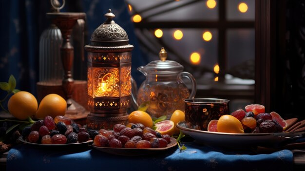 Islamic style lantern design for ramadan celebration with copy space