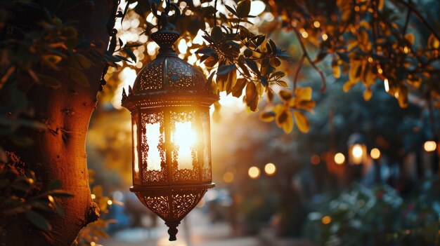 Islamic style lantern design for ramadan celebration with copy space