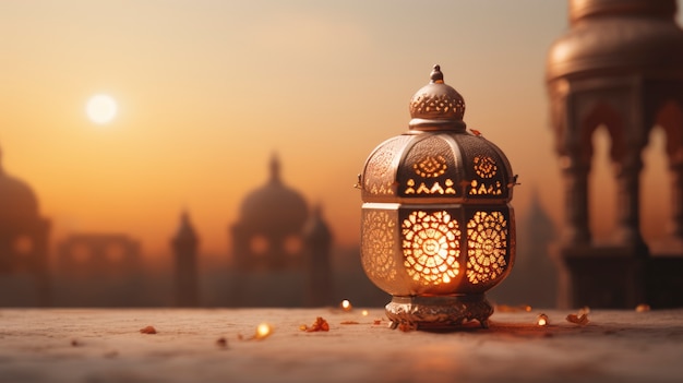 Islamic style lantern design for ramadan celebration with copy space