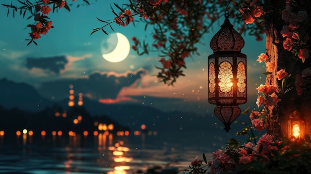 Free photo islamic style lantern design for ramadan celebration with copy space