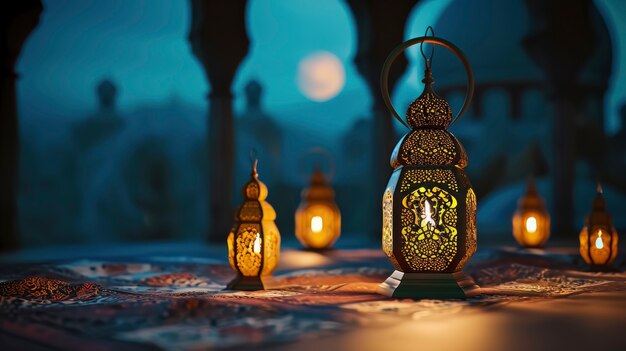 Islamic style lantern design for ramadan celebration with copy space