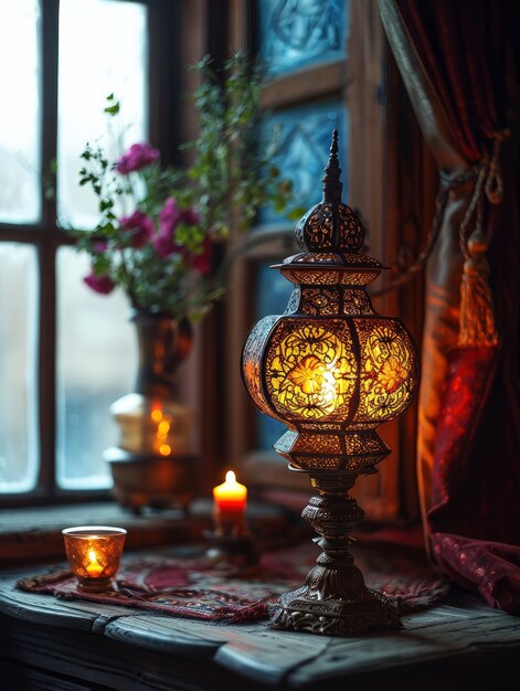 Islamic style lantern design for ramadan celebration with copy space