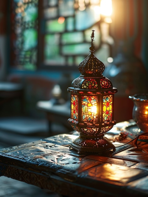 Islamic style lantern design for ramadan celebration with copy space