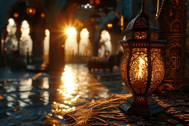 Islamic style lantern design for ramadan celebration with copy space