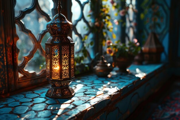 Islamic style lantern design for ramadan celebration with copy space