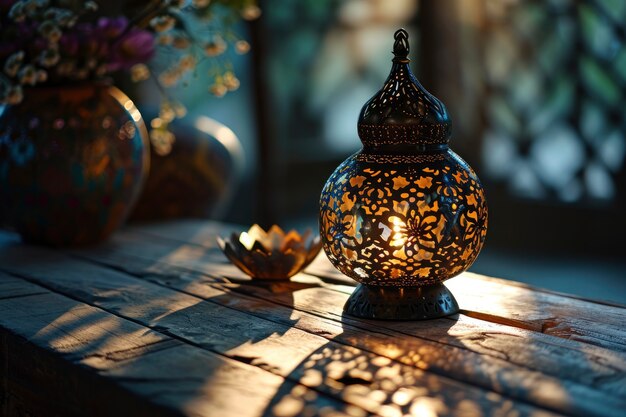 イスラム様式のランタンのデザインコピースペースでラマダンの祝い