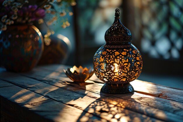 Islamic style lantern design for ramadan celebration with copy space