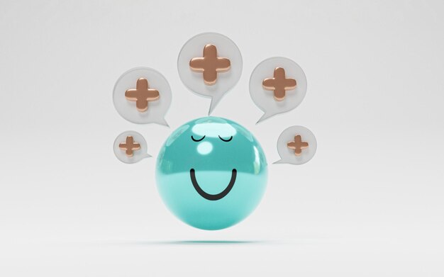 Isolate of blue smile face with plus sign for positive thinking mindset and happy life concept by 3d render