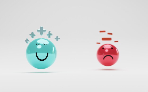 Выделение синего улыбающегося лица со знаком плюс и красного гнева со знаком минус для позитивного и негативного мышления и концепции счастливой жизни с помощью 3d рендеринга