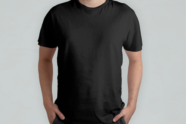 Isolated black t-shirt model, front view