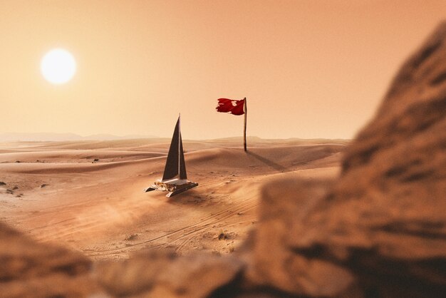 Isolated red flag in desert