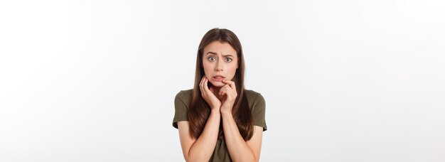 Isolated shot of speechless concerned shocked and angry woman expressing silence and misconceptions